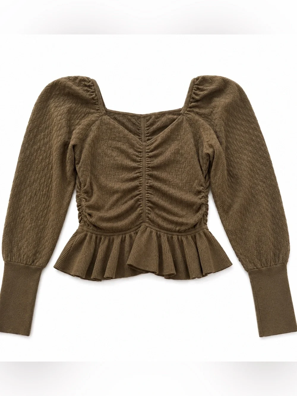 Ulla Johnson Leland Pointelle Olive Green Knit Peplum Top Petite XS/S